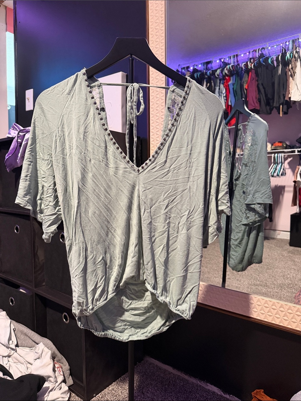 BKE Sage Green V-Neck Short Sleeve Top